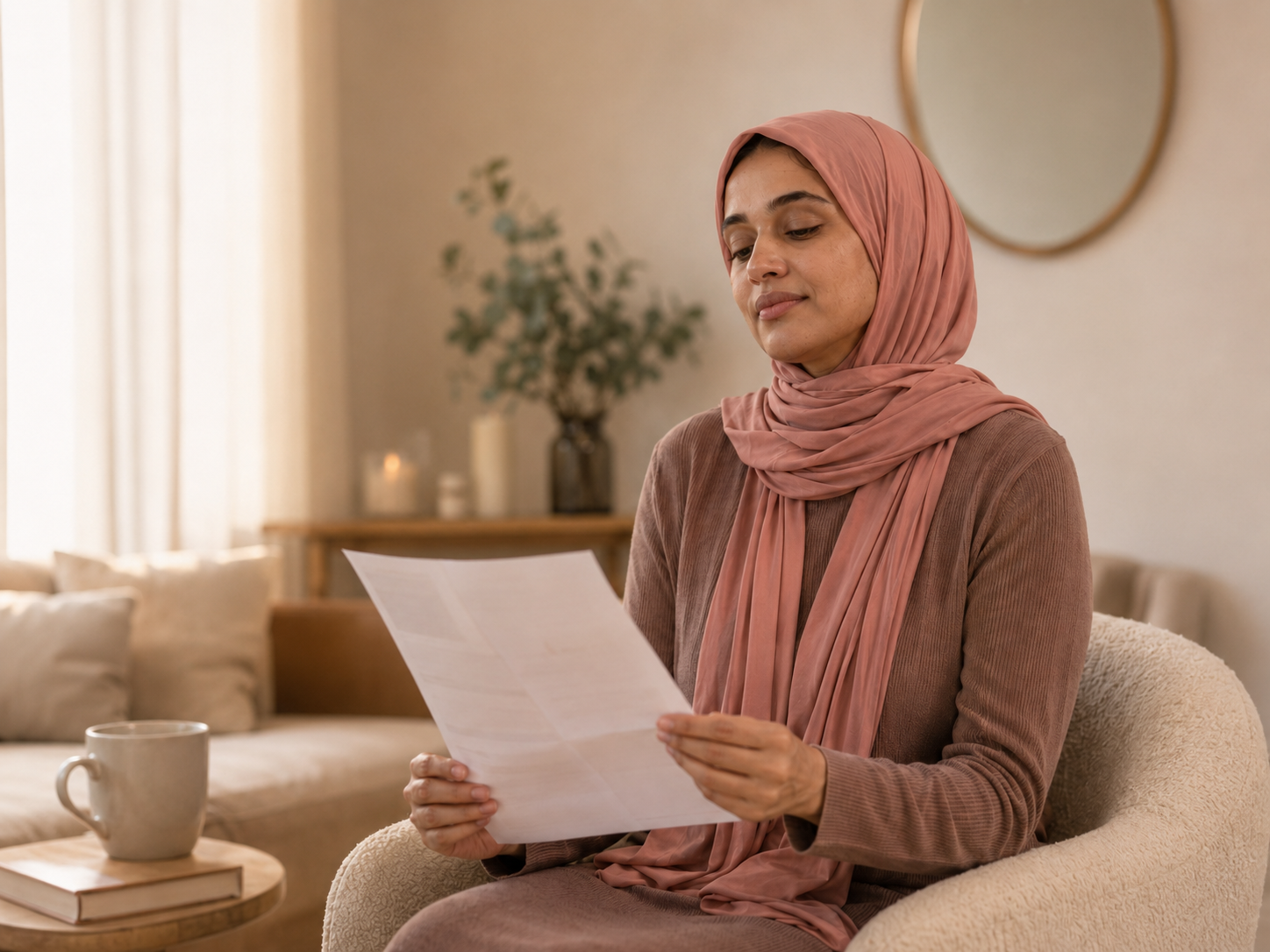 Woman reading her Pattern Break Report at home with a calm, thoughtful expression