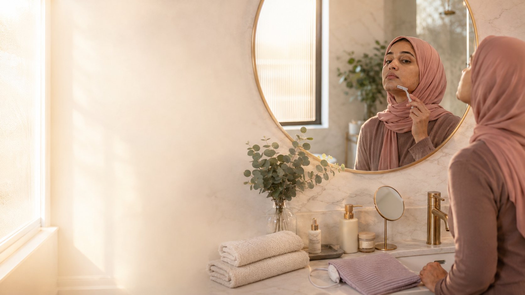 South Asian woman managing facial hair associated with PCOS.