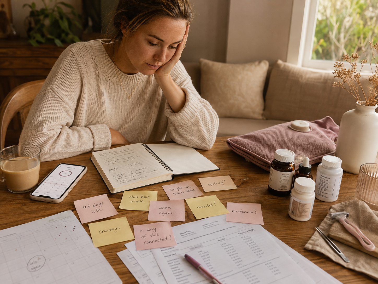 Woman reviewing scattered notes, apps, and products, still piecing her health story together